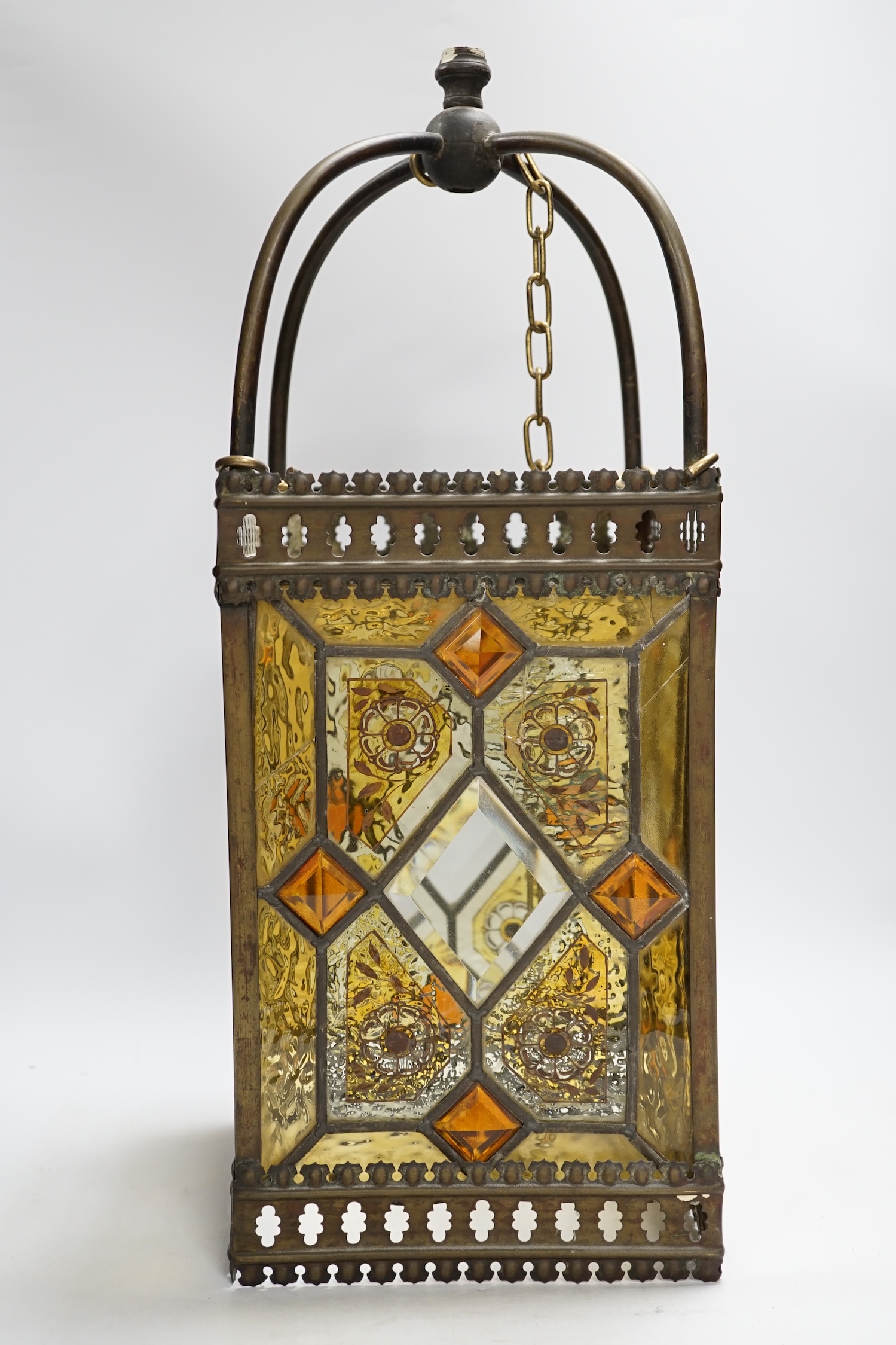 An Edwardian stained glass and brass mounted hall lantern, 53cm high